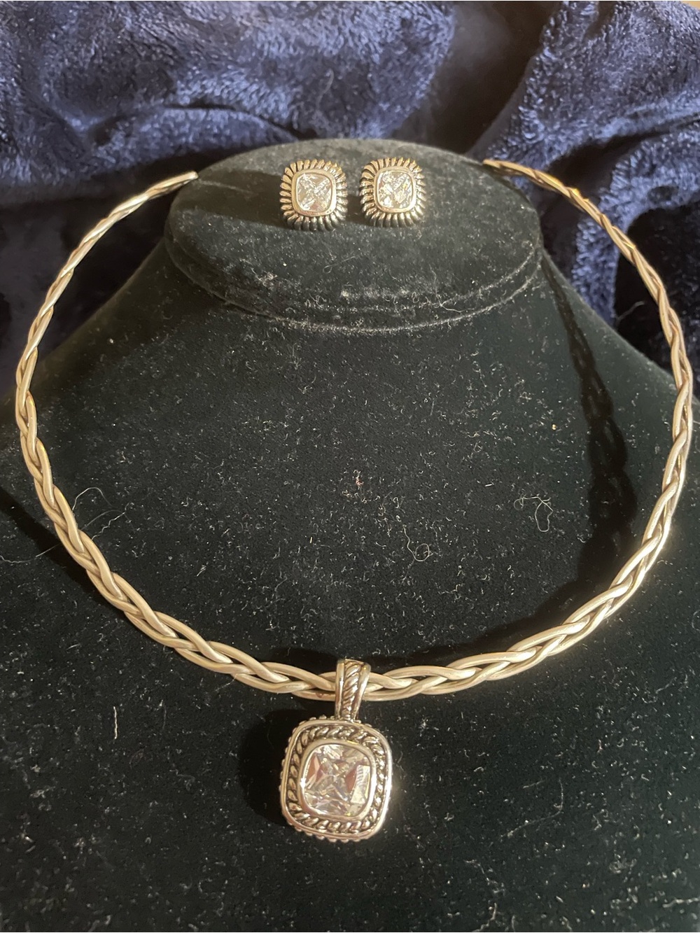 Vintage Solid Silver Braided Open End Collar Necklace W/ Pendant & Earrings